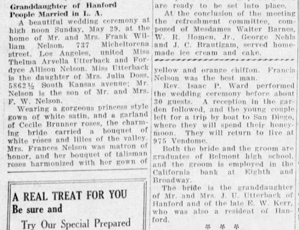 Wedding announcement Fordyce Allison nelson and Thelma Arvella Utterback 12 June 1932 Wed 29 May